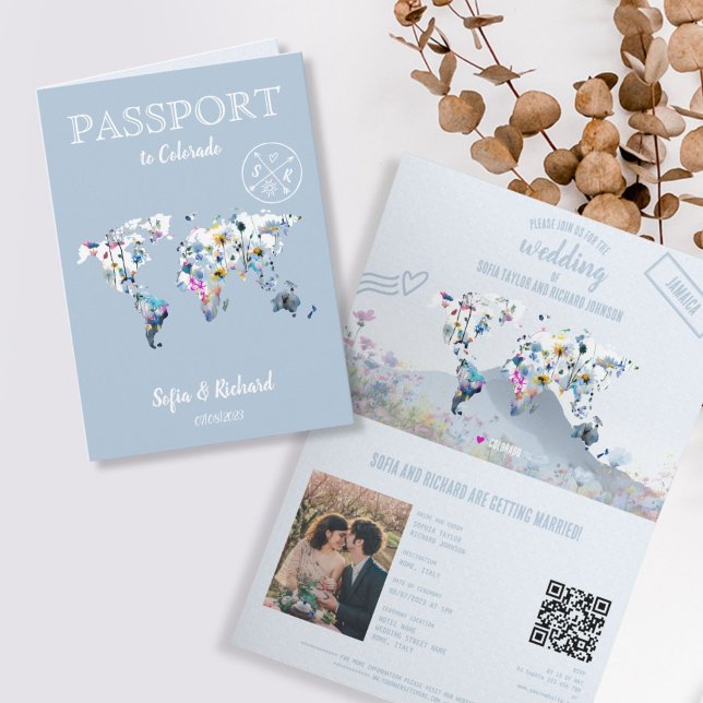 QR Code Meadow Wedding Destination Passport Map  Invitation (dusty blue mountain wedding passport)