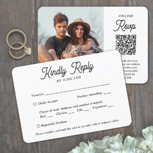 QR Code & Meal Options Retro Script Photo Wedding RSVP Card