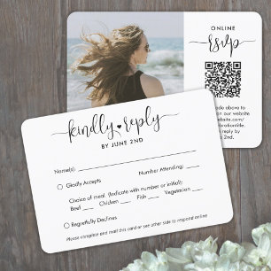 QR Code & Meal Options Trendy Modern Script Photo RSVP Card