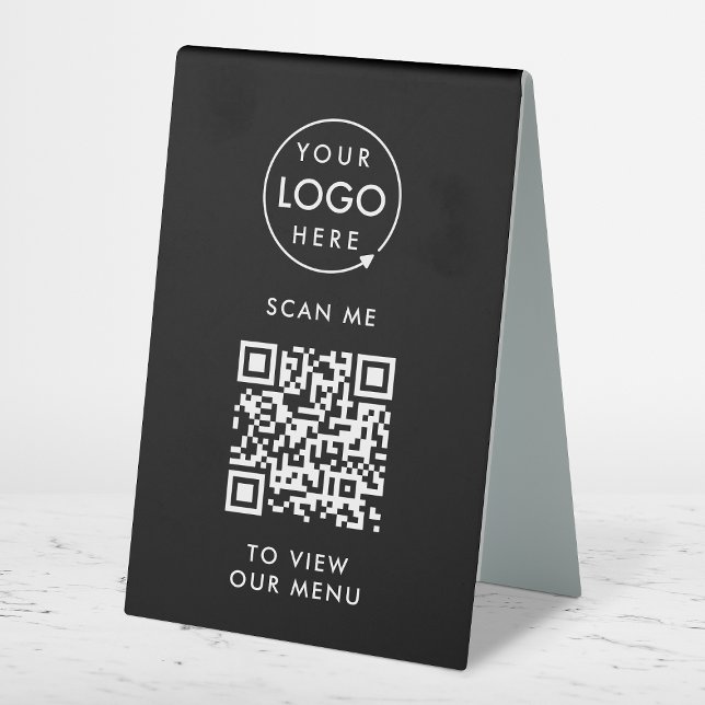 QR Code Menu | Logo Black Contactless Modern (Branded interactive QR code menu table signs for restaurants, bars, cafes & hospitality events!)