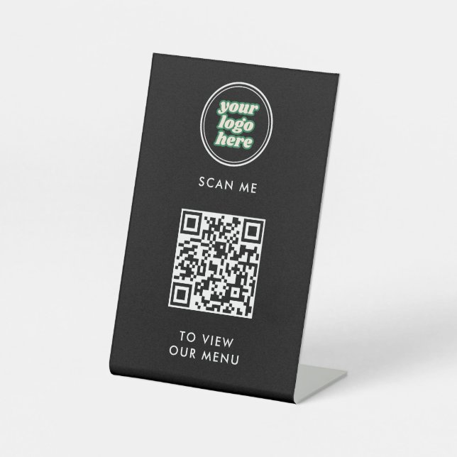 QR Code Menu | Logo Black Contactless Modern Pedestal Sign (Front)