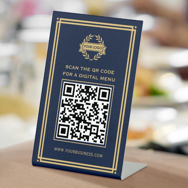 QR Code Menu Logo Contactless Classic Navy Gold Pedestal Sign (Creator Uploaded)