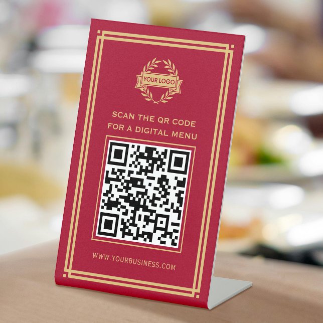 QR Code Menu Logo Contactless Classic Red Gold Pedestal Sign (Creator Uploaded)