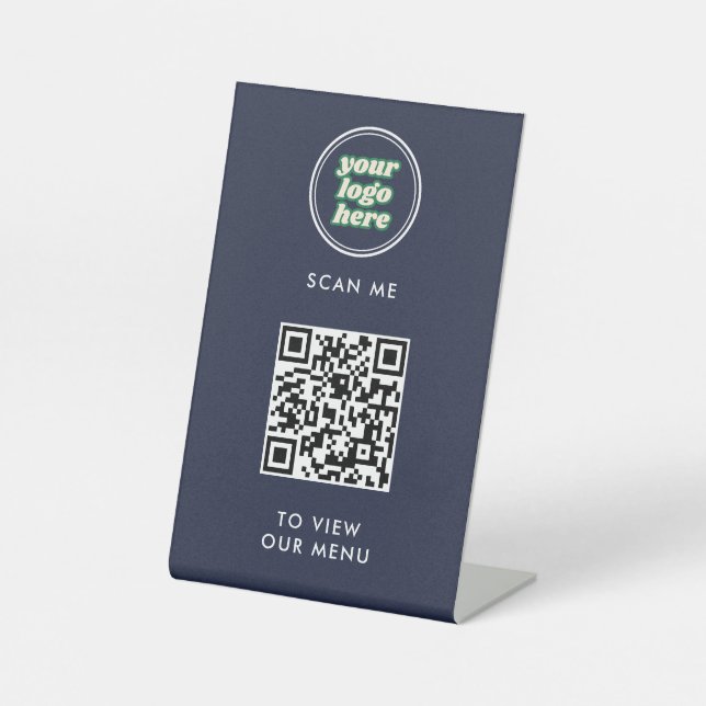 QR Code Menu | Logo  Navy Contactless Modern Pedestal Sign (Front)