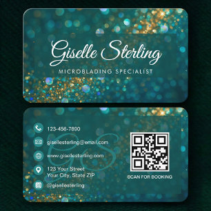 QR Code Microblading Teal Gold Glitter Business Card