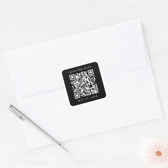 QR Code Minimal Wedding Save the Date Black Square Sticker (Envelope)