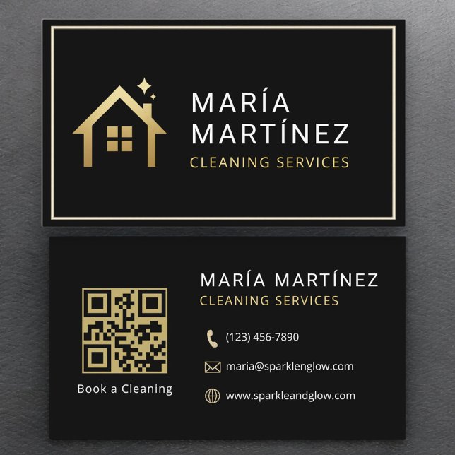 QR Code Minimalist Black Gold Cleaning Services Business Card (Creator Uploaded)
