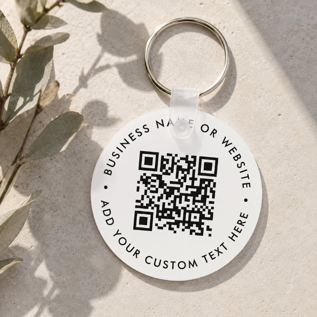 QR Code Minimalist Clean Simple White Budget Key Ring (Interactive editable QR code keychains to promote your business, products or services.)