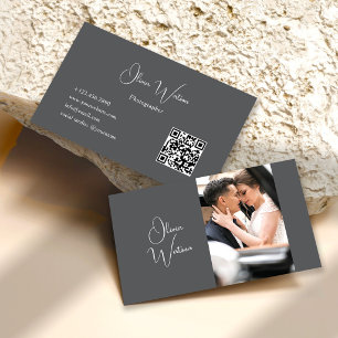 QR Code Minimalist Grey Script Photographer Business Card