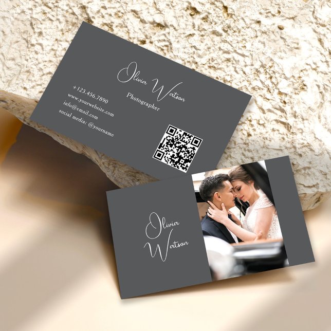 QR Code Minimalist Grey Script Photographer Business Card (Creator Uploaded)