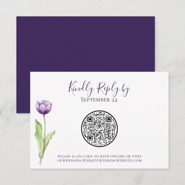 QR Code Minimalist Purple Tulip Wedding RSVP Card (Front/Back)