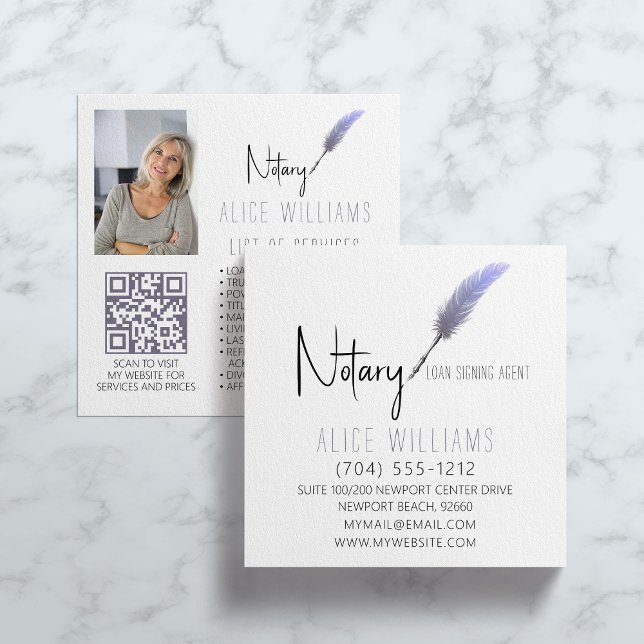 QR Code Minimalist Purple & White Notary Photo Square Business Card (Creator Uploaded)