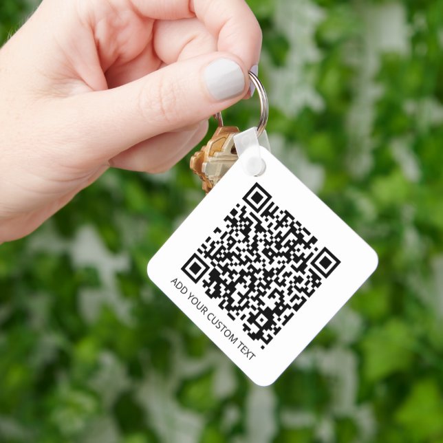 QR Code Minimalist Simple White Custom Text Logo Key Ring (Hand)
