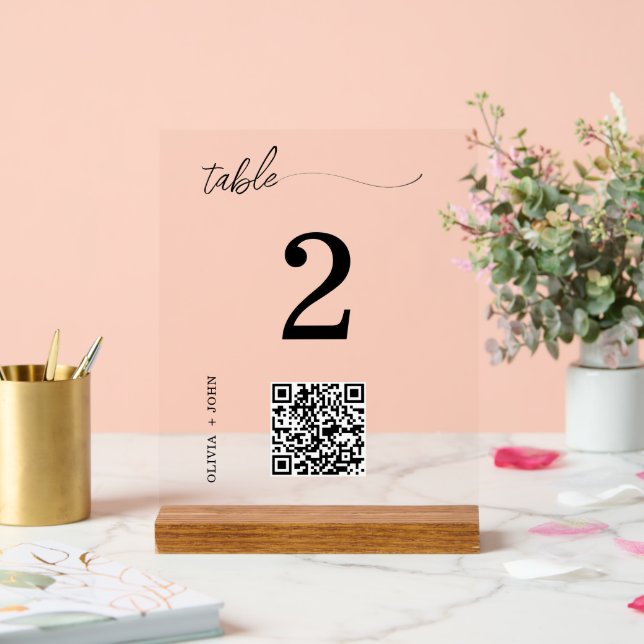 QR Code Minimalist Wedding Table Place Card Acrylic Sign (Wedding)