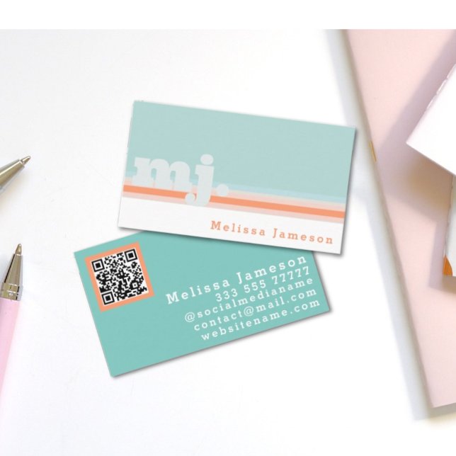 QR Code | mint and peach minimalist monogram Business Card (Feminine monogram business card)