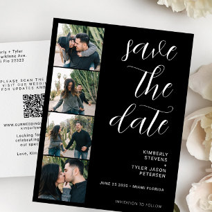 QR CODE modern 4 photos black wedding Announcement Postcard