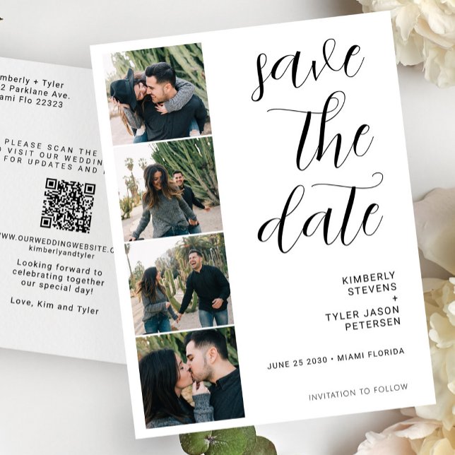 QR CODE modern 4 photos wedding  Announcement Postcard (Creator Uploaded)