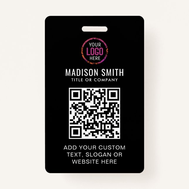 QR Code Modern Black Business Logo Event Badge ID Badge (Front)