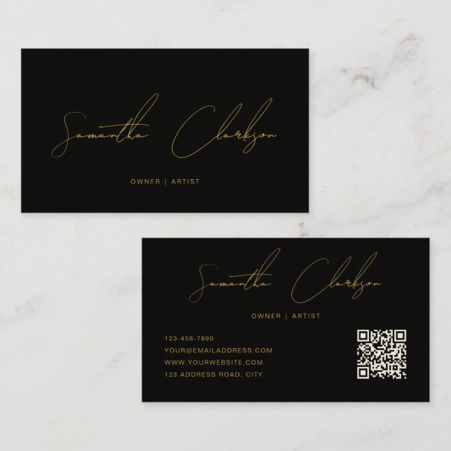 QR Code Modern Black & Gold Handwritten Script Business Card (Front/Back)