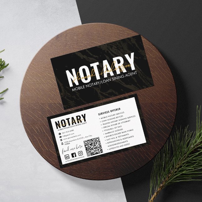QR Code | Modern Black Marble Mobile Notary Public Business Card (Creator Uploaded)