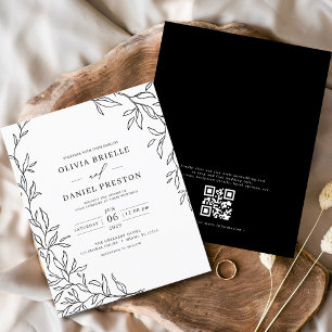 QR Code Modern Black & White Minimal Leaf Wedding 