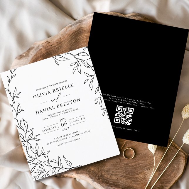 QR Code Modern Black & White Minimal Leaf Wedding  (Creator Uploaded)