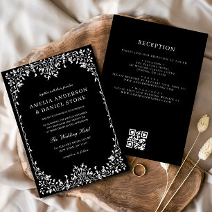 QR Code Modern Black & White Minimal Leaf Wedding Invitation
