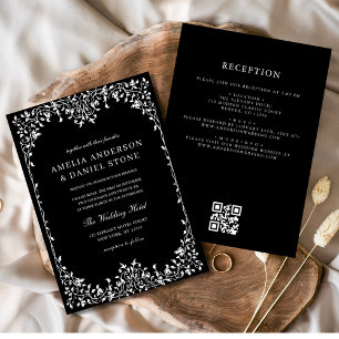 QR Code Modern Black & White Minimal Leaf Wedding Invitation