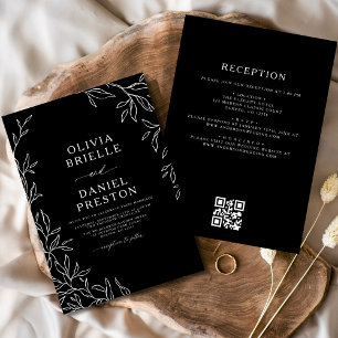 QR Code Modern Black & White Minimal Leaf Wedding Invitation