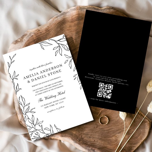 QR Code Modern Black & White Minimal Leaf Wedding  Invitation (Creator Uploaded)