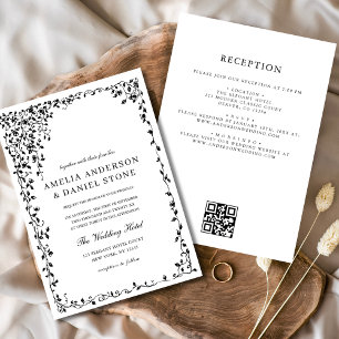 QR Code Modern Black & White Minimal Leaf Wedding Invitation