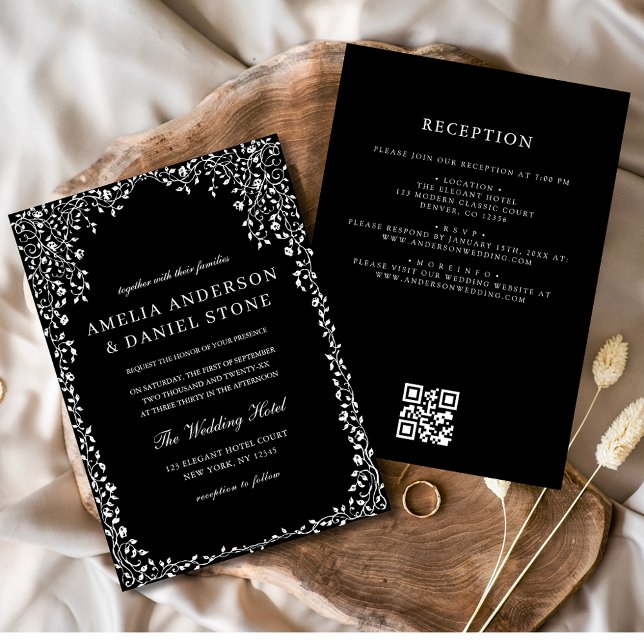 QR Code Modern Black & White Minimal Leaf Wedding  Invitation (Creator Uploaded)