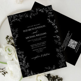 QR Code Modern Black & White Minimal Leaf Wedding Invitation