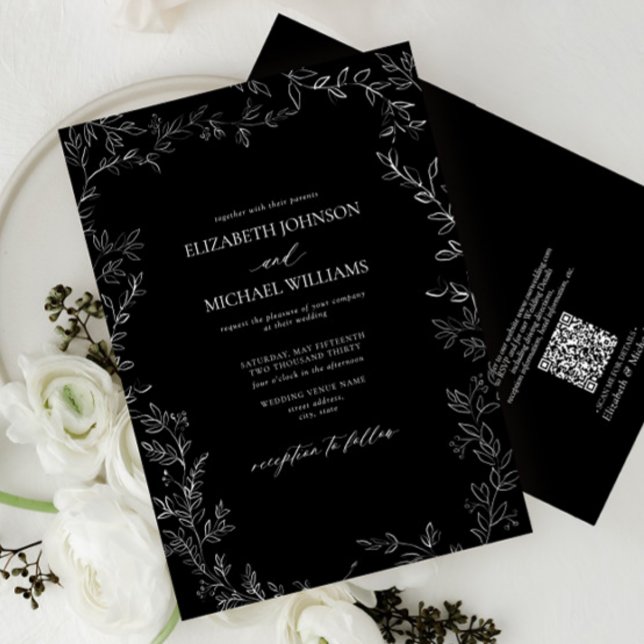 QR Code Modern Black & White Minimal Leaf Wedding Invitation (Creator Uploaded)