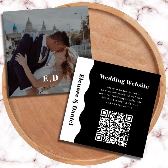 QR Code Modern Black White Side Wave Photo Wedding Enclosure Card (QR Code Modern Black White Side Wave Photo Wedding Enclosure Card)