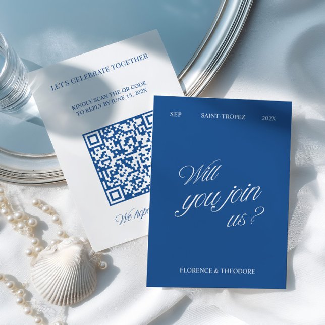 QR Code Modern Blue & White Wedding RSVP Card (QR Code Modern Blue & White Wedding RSVP Card)