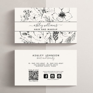 QR Code Modern Botanical Blush Black Social Media Business Card