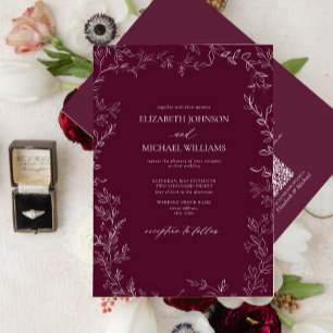 QR Code Modern Burgundy Minimal Leaf Wedding Invitation