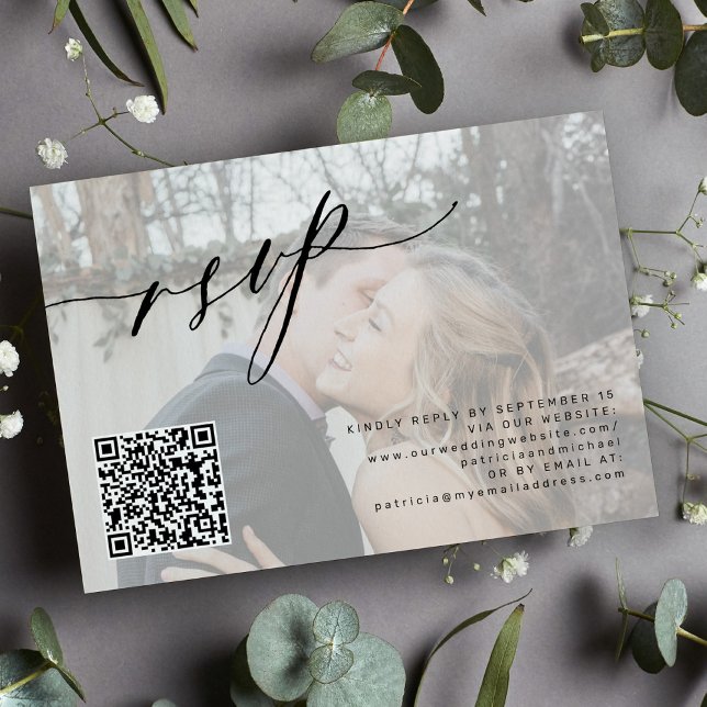 QR code modern calligraphy photo wedding RSVP Card (Creator Uploaded)