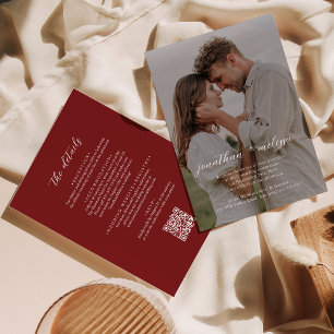 QR code Modern Cranberry Red Photo Script Wedding Invitation