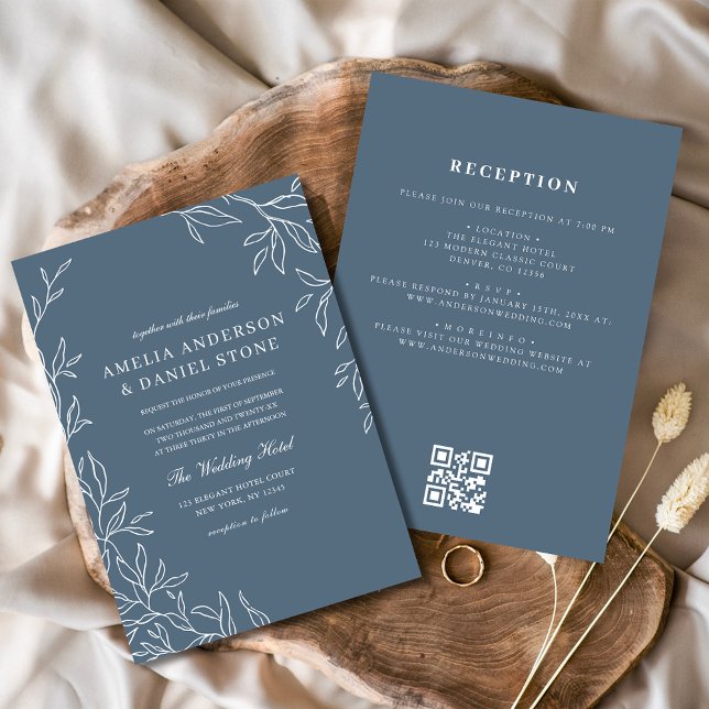 QR Code Modern Dusty Blue Minimal Leaf Wedding Invitation (Creator Uploaded)
