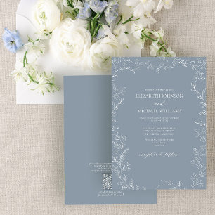 QR Code Modern Dusty Blue Minimal Leaf Wedding Invitation