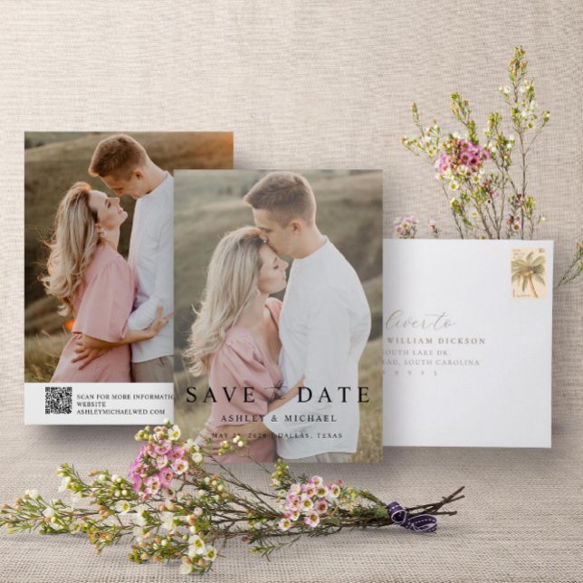 QR Code Modern Elegant Script 2 Photo Wedding Save The Date (Save the Date!)