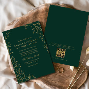 QR Code Modern Emerald Green Minimal Leaf Wedding  Invitation