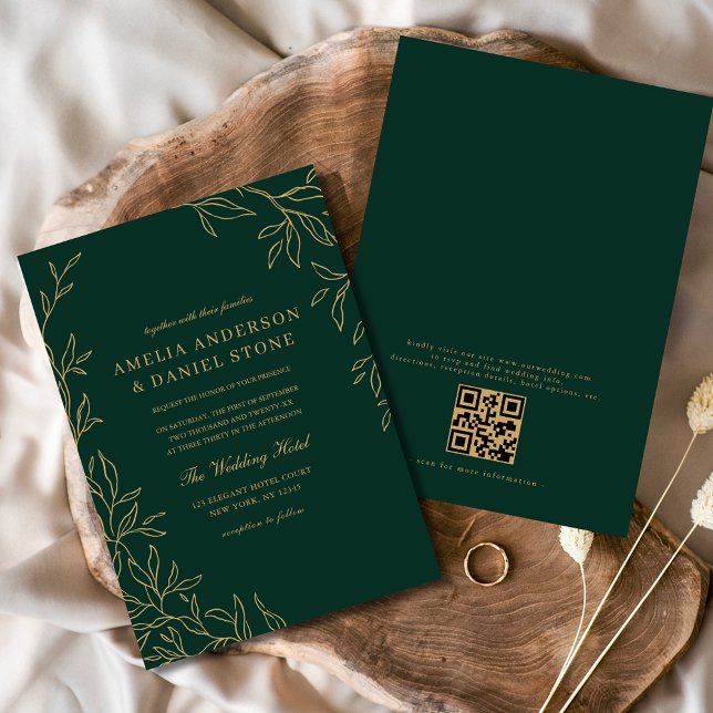 QR Code Modern Emerald Green Minimal Leaf Wedding  Invitation (Creator Uploaded)