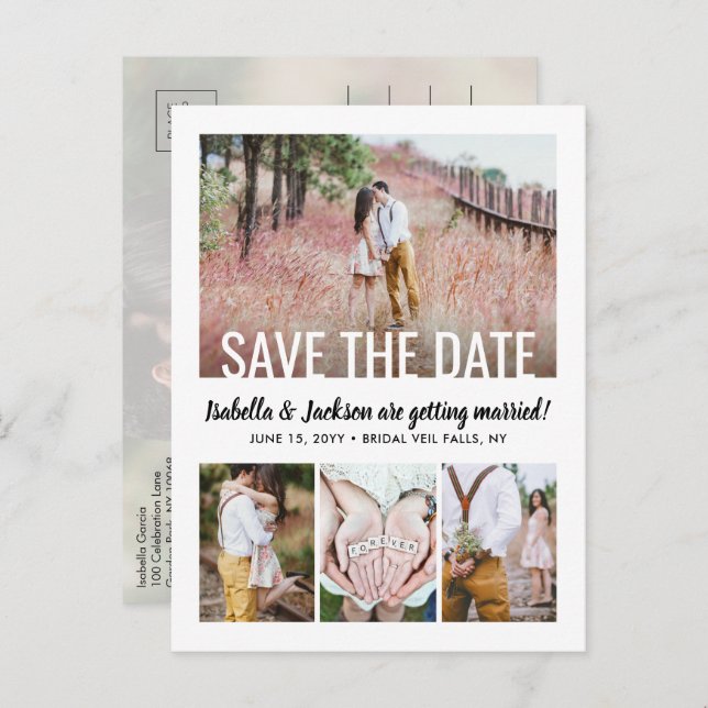 QR Code Modern Five Photo Wedding Save the Date Announcement Postcard (Front/Back)