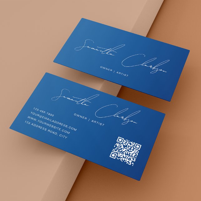 QR Code Modern Full Blue Handwritten Script Business Card (Creator Uploaded)