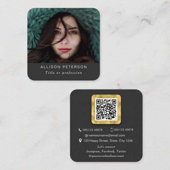 QR code modern gold professional scannable photo Square Business Card (Front/Back)