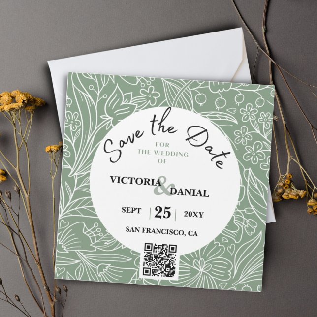 QR Code Modern Green Floral Calligraphy Wedding (Creator Uploaded)