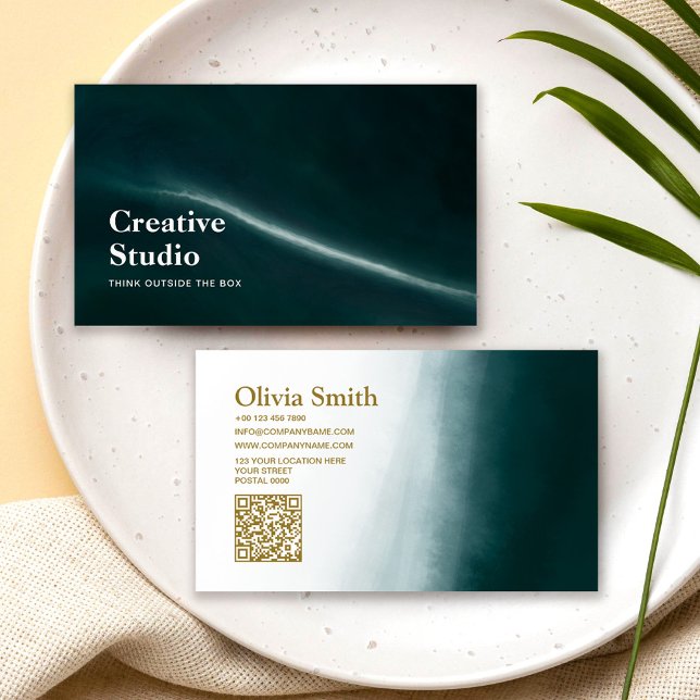 QR Code Modern Green Marble Creative Director  Business Card (Creator Uploaded)